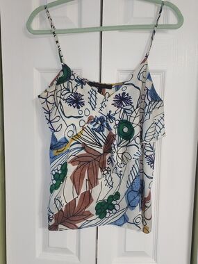 BCBG White Multi Botanical Print Spaghetti Strap Camisole Artsy